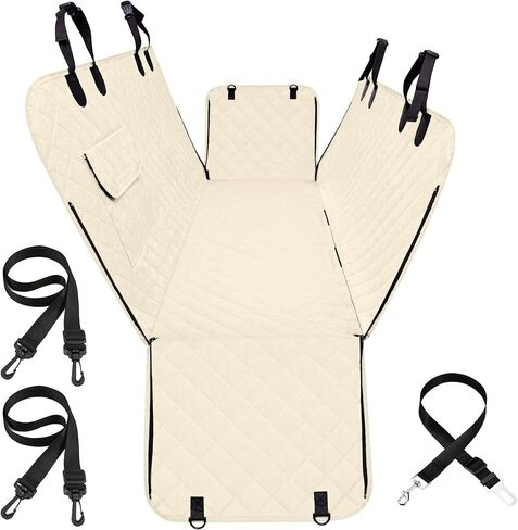 AOKJOY غطاء مقعد السيارة للكلاب غطاء مقعد الحيوانات الأليفة للمقعد الخلفي غير قابل للانزلاق غطاء مقعد متين مقاوم للماء مع جيب تخزين لشاحنة السيارة وسيارات الدفع الرباعي بيج in Kuwait