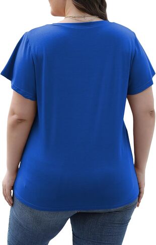 ROSRISS Womens-Plus-Size-Tops Summer Ruffle Short Sleeve Shirts Shirred V Neck Tunics in Saudi Arabia
