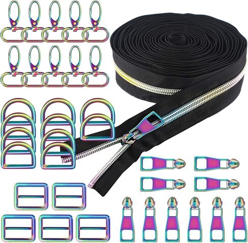 CENOZ Rainbow Purse Hardware, 25mm Metal Rainbow Swivel Snaps Hooks, D Ring,Tri-Glides Slide Buckles and 5 Yards Rainbow Teeth Nylon Zipper with 10PCS Pulls for Dog Collar Backpack Hardware Craft DIY in Kuwait