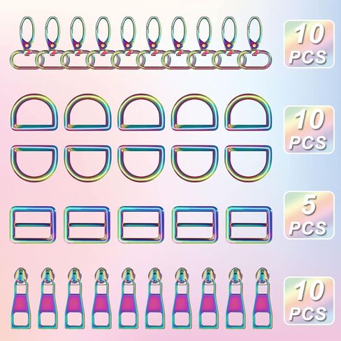 CENOZ Rainbow Purse Hardware, 25mm Metal Rainbow Swivel Snaps Hooks, D Ring,Tri-Glides Slide Buckles and 5 Yards Rainbow Teeth Nylon Zipper with 10PCS Pulls for Dog Collar Backpack Hardware Craft DIY in Kuwait