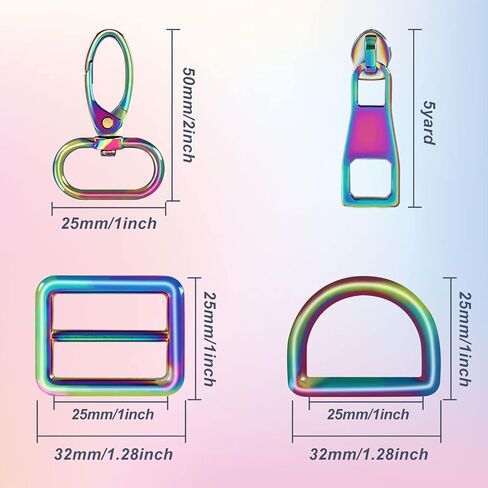 CENOZ Rainbow Purse Hardware, 25mm Metal Rainbow Swivel Snaps Hooks, D Ring,Tri-Glides Slide Buckles and 5 Yards Rainbow Teeth Nylon Zipper with 10PCS Pulls for Dog Collar Backpack Hardware Craft DIY in Kuwait