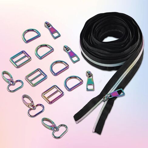 CENOZ Rainbow Purse Hardware, 25mm Metal Rainbow Swivel Snaps Hooks, D Ring,Tri-Glides Slide Buckles and 5 Yards Rainbow Teeth Nylon Zipper with 10PCS Pulls for Dog Collar Backpack Hardware Craft DIY in Kuwait