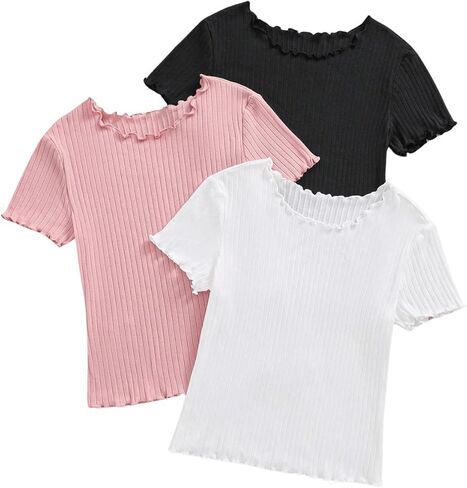 Milumia Girl's 3 Pack Solid Lettuce Trim Short Sleeve Round Neck Ribbed T-Shirts Tops in Saudi Arabia