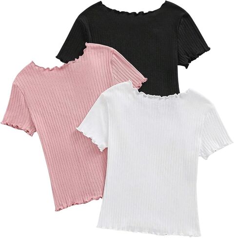 Milumia Girl's 3 Pack Solid Lettuce Trim Short Sleeve Round Neck Ribbed T-Shirts Tops in Saudi Arabia