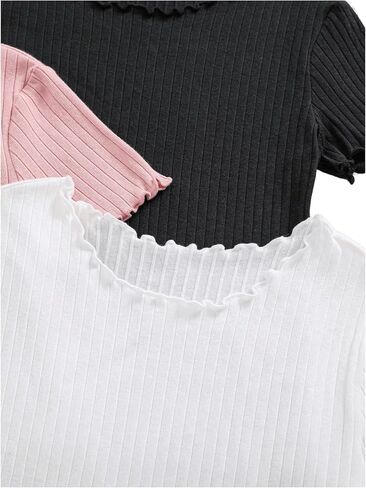 Milumia Girl's 3 Pack Solid Lettuce Trim Short Sleeve Round Neck Ribbed T-Shirts Tops in Saudi Arabia
