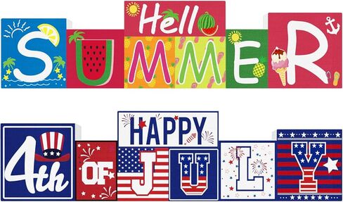 لافتة خشبية للديكورات الوطنية Hello Summer/4 يوليو (ديكور طاولة قابل للعكس) - موضوع الصيف وديكور طاولة المزرعة في يوم الاستقلال في الرابع من يوليو للمنزل والحفلات والمكتب وديكور صينية متدرجة in Kuwait