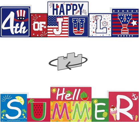 لافتة خشبية للديكورات الوطنية Hello Summer/4 يوليو (ديكور طاولة قابل للعكس) - موضوع الصيف وديكور طاولة المزرعة في يوم الاستقلال في الرابع من يوليو للمنزل والحفلات والمكتب وديكور صينية متدرجة in Kuwait