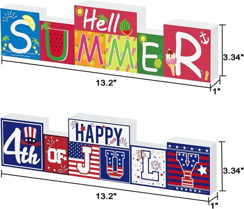 لافتة خشبية للديكورات الوطنية Hello Summer/4 يوليو (ديكور طاولة قابل للعكس) - موضوع الصيف وديكور طاولة المزرعة في يوم الاستقلال في الرابع من يوليو للمنزل والحفلات والمكتب وديكور صينية متدرجة in Kuwait