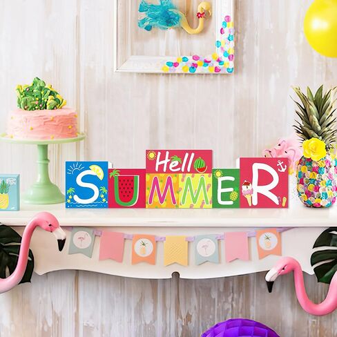 لافتة خشبية للديكورات الوطنية Hello Summer/4 يوليو (ديكور طاولة قابل للعكس) - موضوع الصيف وديكور طاولة المزرعة في يوم الاستقلال في الرابع من يوليو للمنزل والحفلات والمكتب وديكور صينية متدرجة in Kuwait