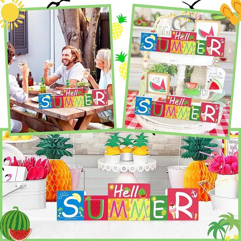 لافتة خشبية للديكورات الوطنية Hello Summer/4 يوليو (ديكور طاولة قابل للعكس) - موضوع الصيف وديكور طاولة المزرعة في يوم الاستقلال في الرابع من يوليو للمنزل والحفلات والمكتب وديكور صينية متدرجة in Kuwait