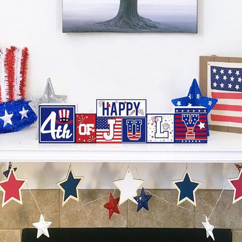 لافتة خشبية للديكورات الوطنية Hello Summer/4 يوليو (ديكور طاولة قابل للعكس) - موضوع الصيف وديكور طاولة المزرعة في يوم الاستقلال في الرابع من يوليو للمنزل والحفلات والمكتب وديكور صينية متدرجة in Kuwait