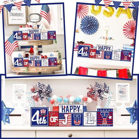 لافتة خشبية للديكورات الوطنية Hello Summer/4 يوليو (ديكور طاولة قابل للعكس) - موضوع الصيف وديكور طاولة المزرعة في يوم الاستقلال في الرابع من يوليو للمنزل والحفلات والمكتب وديكور صينية متدرجة in Kuwait