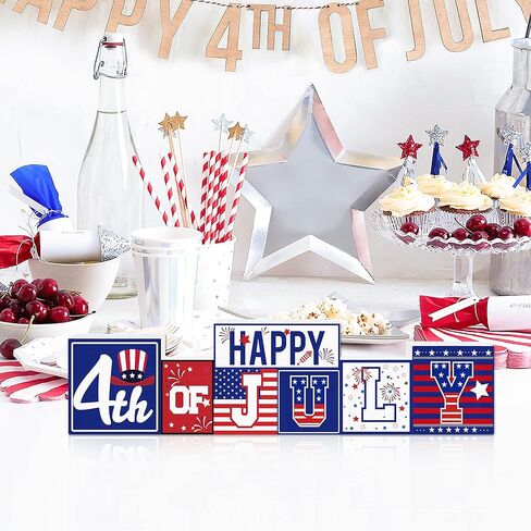 لافتة خشبية للديكورات الوطنية Hello Summer/4 يوليو (ديكور طاولة قابل للعكس) - موضوع الصيف وديكور طاولة المزرعة في يوم الاستقلال في الرابع من يوليو للمنزل والحفلات والمكتب وديكور صينية متدرجة in Kuwait