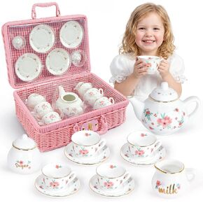 Porcelain Tea Set for Girls, Tea Party Set for Little Girls, Kids Tea Set Kitchen Pretend Play, Princess Tea Time Playset with Teapot Cups Carry Case, Toddler Girl Toys Birthday Gifts Age 3+ in Saudi Arabia
