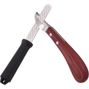 Hoof Knife with Sharpener, 2 PCS Professional Farrier Kit, Curved Stainless Steel Trimming Knife & 400/800 Grit Diamond Rod, Ergonomic Wood Handle, Rust-Resistant for Horses, Cattle in Kuwait
