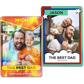 Custom Collection Card for Dad with Anime Photo, Personalized Acrylic Trading Style Card with Title, 2 Skills & Message, Clear or Holographic Print, Gifts for Father’s Day for Dad from Son Daughter in Saudi Arabia