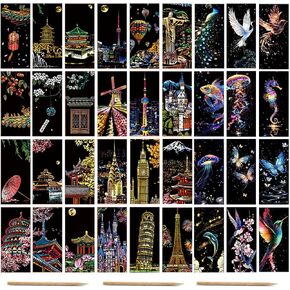 Iskueal Glowing Scratch Art Rainbow Sketch Pad DIY Set – 36 Classic Landmark & Animal Sheets + 3 Wooden Scratch Pens | Foil Scratch Art | Foil Engraving Art | Sketch Art Series in Kuwait