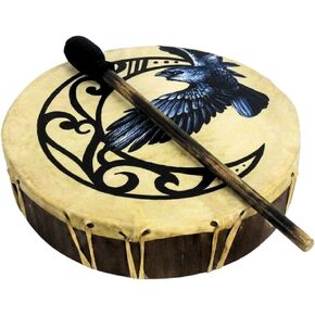 Ceremonial Frame Drum - Moon & Raven, 12" diamerer, includes beater, Handmade & painted by artisans in Bali in Saudi Arabia