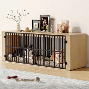 ONBRILL 74" Double Dog Crate Furniture TV Stand for Large Dogs, Natural Oak in Saudi Arabia