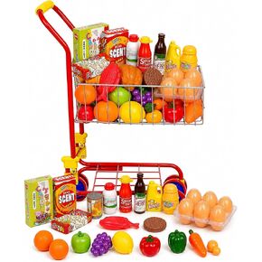 Shop 'N' Go Toy Shopping Cart for Kids and Toddler - Includes Food - Folds for Easy Storage - with Sturdy Metal Frame Pretend Play Food Role Play, Educational Toy - with 36 pc Play-Food and in Kuwait