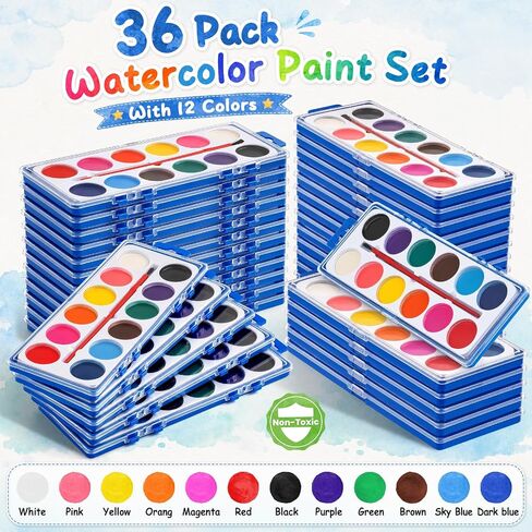 36 Pack Watercolor Paint Set, 12 Colors Water Paint Bulk for Kids in Kuwait