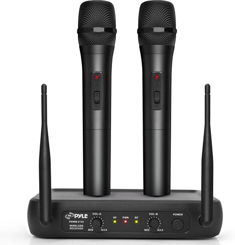 نظام ميكروفون قناة بايل - مجموعة لاسلكية ثابتة مزدوجة التردد VHF مع 2 ميكروفونات إرسال ديناميكي محمولة، قاعدة استقبال للPA، الكاريوكي، حفلة دي جي (PDWM2135)، أسود in Kuwait