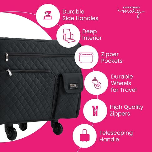 Everything Mary XL Flat-Top Rolling Sewing Machine Case – Black Quilted Craft Bag with Wheels – Portable Storage Organizer for Sewing, Scrapbooking & Craft Supplies in Saudi Arabia