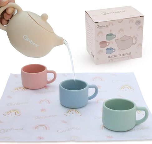 Ginbear Silicone Play Tea Set with Cloth Napkin for Toddlers 1-3 (Green) in Saudi Arabia
