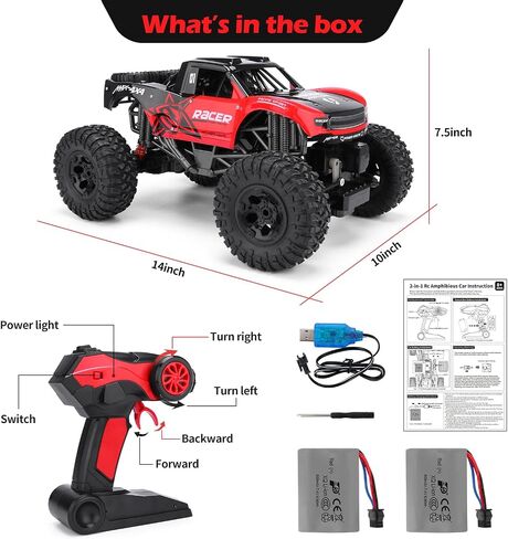 RC Trucks 4x4 Offroad Waterproof - 1:12 Scale Large Amphibious Remote Control Car, Dual Motors Crawler Vehicle, Monster Truck Toys with 2 Rechargeable Batteries, Best Gift for Kids Adults in Kuwait