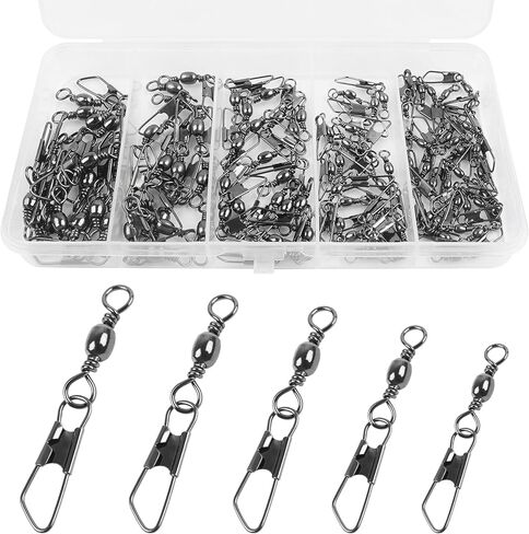 SILANON Fishing Barrel Swivels with Safety Snaps Kit,145pcs Fishing Barrel Snap Swivels Stainless Steel Safty Interlock Snaps Freshwater Saltwater Fishing Swivles Tackle Connector in Kuwait