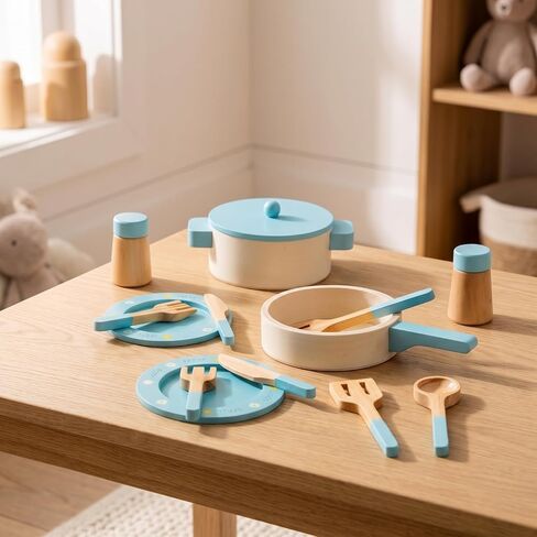 Compact Wooden Play Cooking Playset , Blue , 24 15.3 7.4 Cm in Saudi Arabia