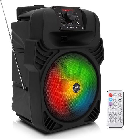 Pyle 400W Portable Bluetooth PA Loudspeaker - 8" Subwoofer System, 4 Ohm/55-20kHz, USB/MP3/FM Radio/ ¼ Mic Inputs, Multi-Color LED Lights, Built-in Rechargeable Battery w/ Remote Control -PPHP844B in Kuwait