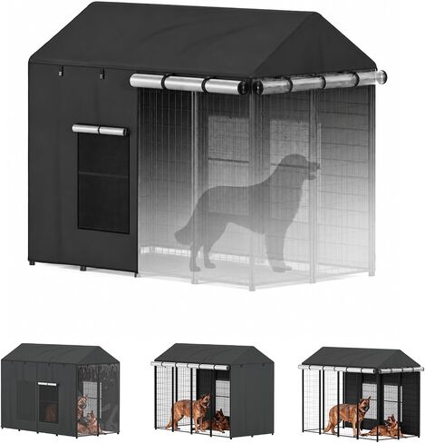 Outdoor Dog Kennel Cover 8'D x 4'W x 6'H, Heavy Duty 1200D Waterproof Dog Cage Cover, Windproof UV Resistant Full Coverage Tarp with Clear PVC Door & Mesh Windows for Outside Dog Kennel, Black in Saudi Arabia