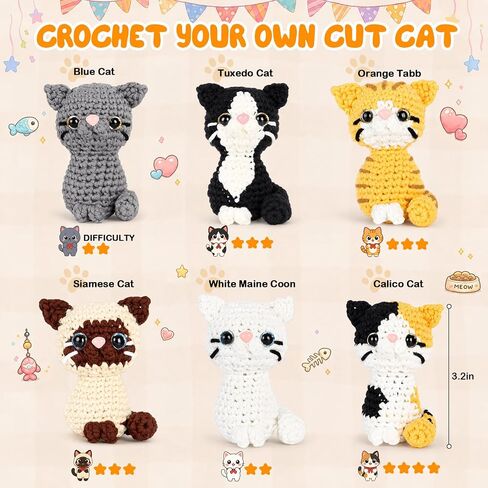 AUGVO Crochet Kit for Beginners, 6 Cat Crochet Amigurumi Animal Craft Kit in Saudi Arabia