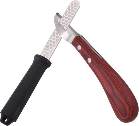Hoof Knife with Sharpener, 2 PCS Professional Farrier Kit, Curved Stainless Steel Trimming Knife & 400/800 Grit Diamond Rod, Ergonomic Wood Handle, Rust-Resistant for Horses, Cattle in Kuwait