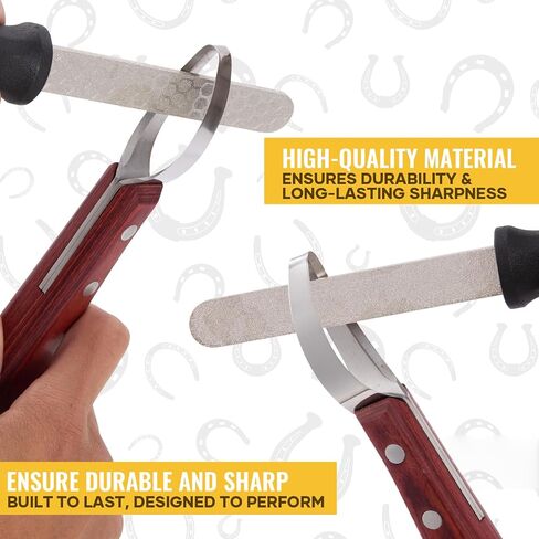 Hoof Knife with Sharpener, 2 PCS Professional Farrier Kit, Curved Stainless Steel Trimming Knife & 400/800 Grit Diamond Rod, Ergonomic Wood Handle, Rust-Resistant for Horses, Cattle in Kuwait