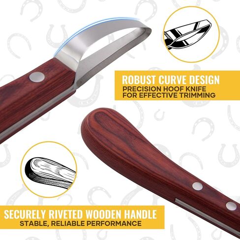 Hoof Knife with Sharpener, 2 PCS Professional Farrier Kit, Curved Stainless Steel Trimming Knife & 400/800 Grit Diamond Rod, Ergonomic Wood Handle, Rust-Resistant for Horses, Cattle in Kuwait