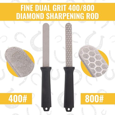 Hoof Knife with Sharpener, 2 PCS Professional Farrier Kit, Curved Stainless Steel Trimming Knife & 400/800 Grit Diamond Rod, Ergonomic Wood Handle, Rust-Resistant for Horses, Cattle in Kuwait