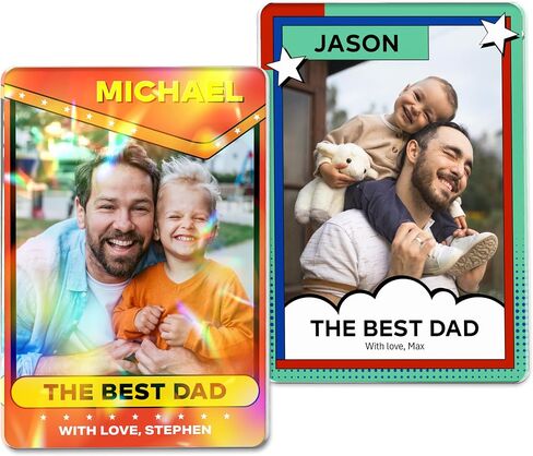 Custom Collection Card for Dad with Anime Photo, Personalized Acrylic Trading Style Card with Title, 2 Skills & Message, Clear or Holographic Print, Gifts for Father’s Day for Dad from Son Daughter in Saudi Arabia