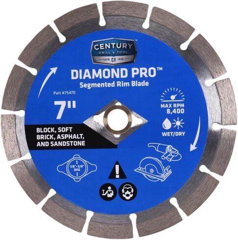 Century Drill & Tool 75480 Professional Segmented Diamond Saw Blade, 12" x 1" Arbor with 20mm Adapter, Cuts Hard Materials: Reinforced Concrete, Brick, Stone, Use in Gas Powered Saws, 5,500 Max RPM in Kuwait