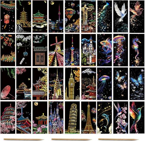 Iskueal Glowing Scratch Art Rainbow Sketch Pad DIY Set – 36 Classic Landmark & Animal Sheets + 3 Wooden Scratch Pens | Foil Scratch Art | Foil Engraving Art | Sketch Art Series in Kuwait