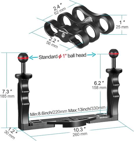 MINIFOCUS Underwater Camera Handle Tray Bracket, Dual Handle Extendable Aluminum Alloy Video Stabilizer Holder with 2 1'' Ball Clamp Mount for Underwater Camera Diving Housings in Kuwait
