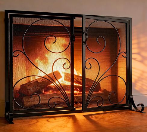 Calidola Flat Fireplace Screen with Doors,Solid Wrought Iron Frame with Metal Mesh, Flat Panel Decorative Fireplace Screen with Scroll Design, Free Standing Spark Guard in Saudi Arabia