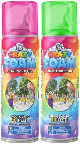 Silly String Crazy Foam – 2-Pack Party Foam Cans, 11 oz Each, Sprays Up to 10 Feet, Fun for Birthdays, Outdoor Games, Celebrations & Events - Colors will Vary in Saudi Arabia