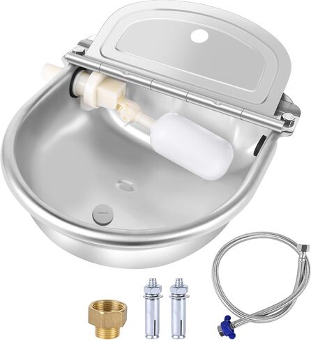 MYFAMIREA Automatic Animal Drinking Water Bowl Stainless Steel Waterer Feeder Farm Dog Dispenser Kit Self Filling for Livestock Horse Goat Water Trough with Float Valve Drain Hole Hose Adapter Bolts in Saudi Arabia