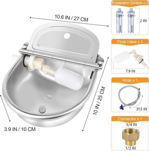 MYFAMIREA Automatic Animal Drinking Water Bowl Stainless Steel Waterer Feeder Farm Dog Dispenser Kit Self Filling for Livestock Horse Goat Water Trough with Float Valve Drain Hole Hose Adapter Bolts in Saudi Arabia