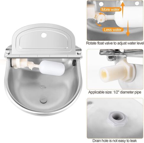 MYFAMIREA Automatic Animal Drinking Water Bowl Stainless Steel Waterer Feeder Farm Dog Dispenser Kit Self Filling for Livestock Horse Goat Water Trough with Float Valve Drain Hole Hose Adapter Bolts in Saudi Arabia
