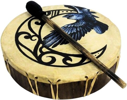 Ceremonial Frame Drum - Moon & Raven, 12" diamerer, includes beater, Handmade & painted by artisans in Bali in Saudi Arabia