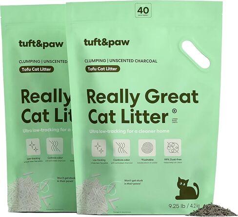Tuft & Paw Really Great Cat Litter, Ultra Low Tracking Tofu Cat Litter, Clumping, Flushable, Odor Control, Dust-Free, Unscented - 9.25lbs x 2Bags (Charcoal) in Kuwait