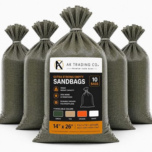 AK TRADING CO. 14" x 26" Poly Sandbags W/UV Protection & Built-in Ties - Flood Water Barrier - Tent Sandbags - Green in Kuwait